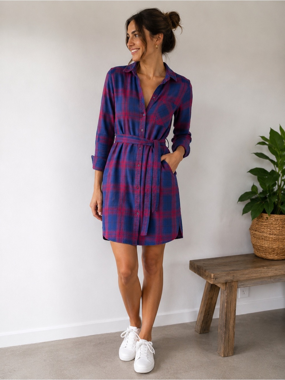 Button-Front Plaid Shirt Dress